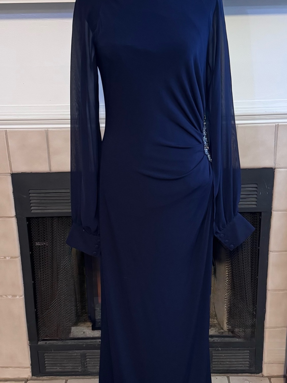 Eliza J Blue Formal Dress with Chiffon Open Sleeves and “Crystal” Side Broach